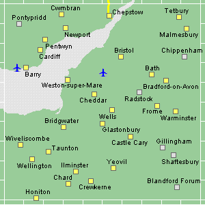 Active map showing Somerset,
                Glamorgan and Gloucestershire - Click a yellow square to
                view all accommodation in that place